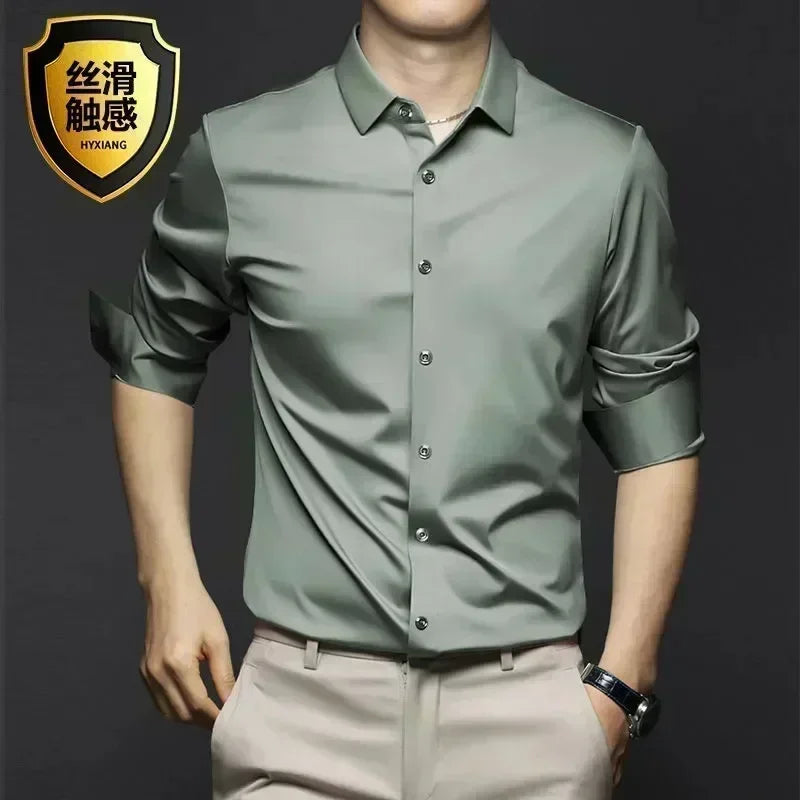 S-6XLHigh Quality Stretch Anti-Wrinkle Men Shirts Long Sleeve Dress Shirts For MaleSlim Social Business Blouse Solid Color Shirt