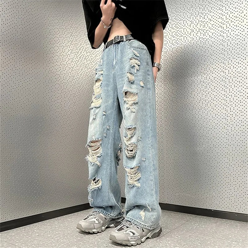 High Street Ripped Jeans Men's Clothing Solid Color Y2K Wide Leg Pants Spring Summer Button Pocket Loose Trousers A048