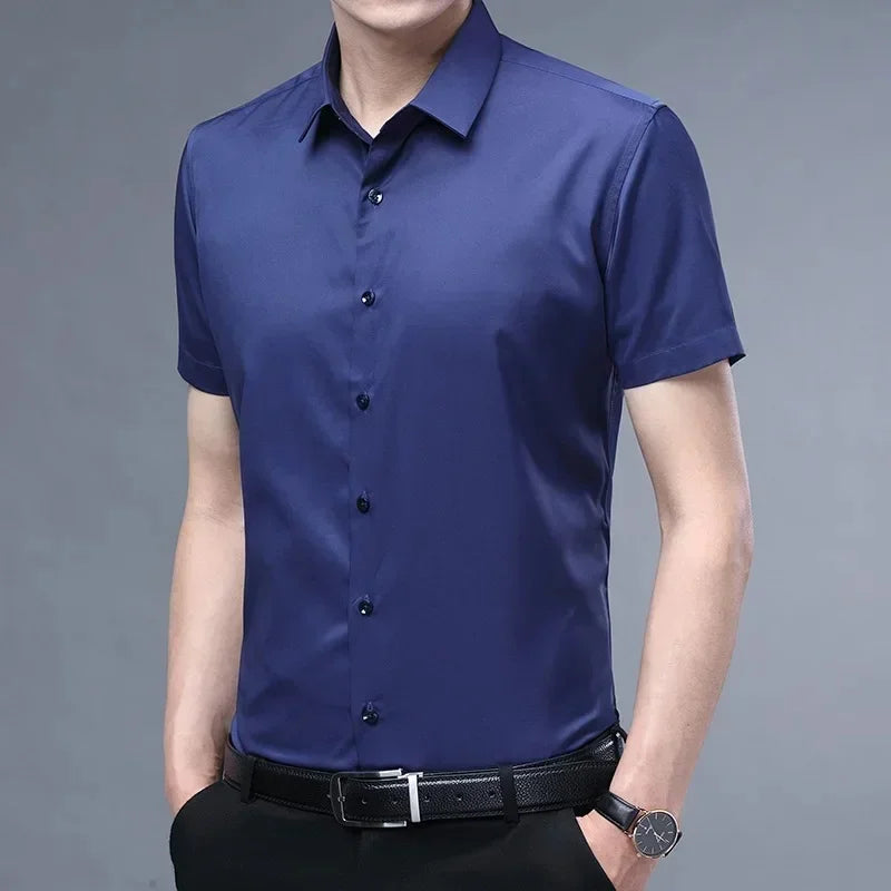 S-6XLHigh Quality Stretch Anti-Wrinkle Men Shirts Long Sleeve Dress Shirts For MaleSlim Social Business Blouse Solid Color Shirt