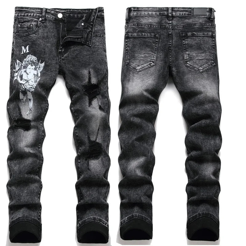 High Street Stretch Embroidery Men’s Jeans Ripped Streetwear Jeans Punk Style Pants for Man Slim Fashion Small Feet Men's Jeans