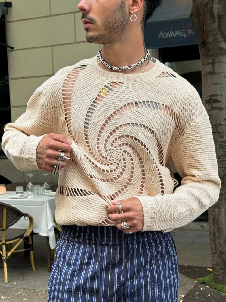 Fashion Vortex Pattern Hollow Out Knitted Sweater Men Trendy Brand O-neck Pullover Spring Autumn High Street Casual Knitwear
