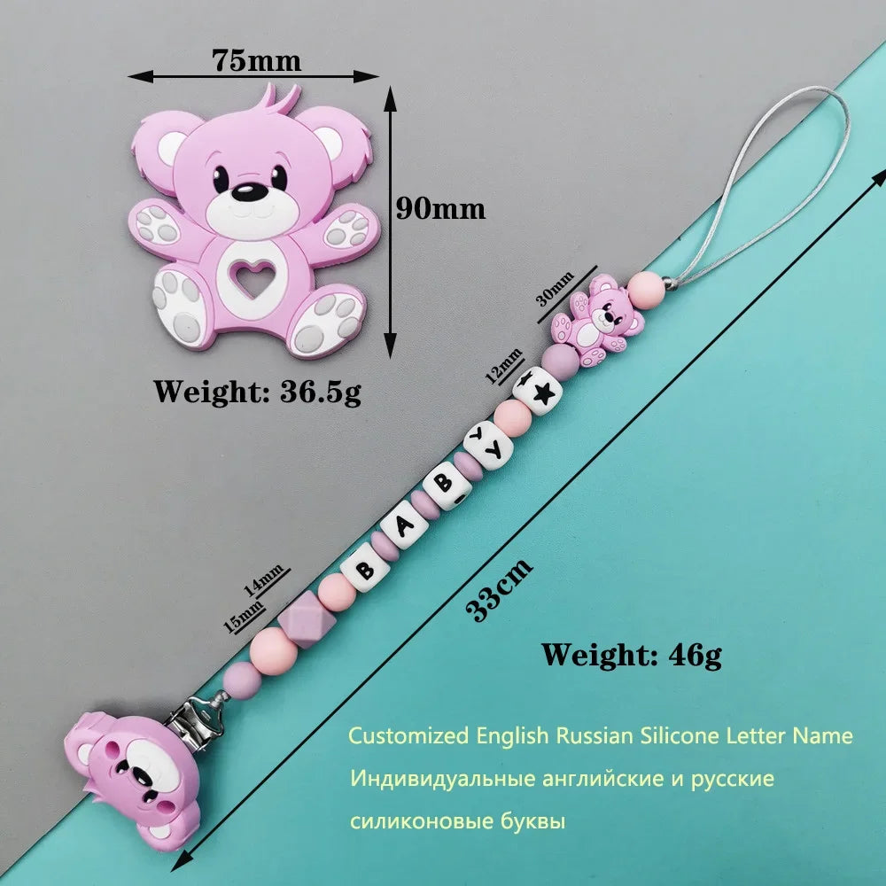 Custom English Russian Silicone Letter Name Baby Bear Silicone Beads Pendant Pacifier Clips Chains Teether Baby Kawaii Toy Gifts