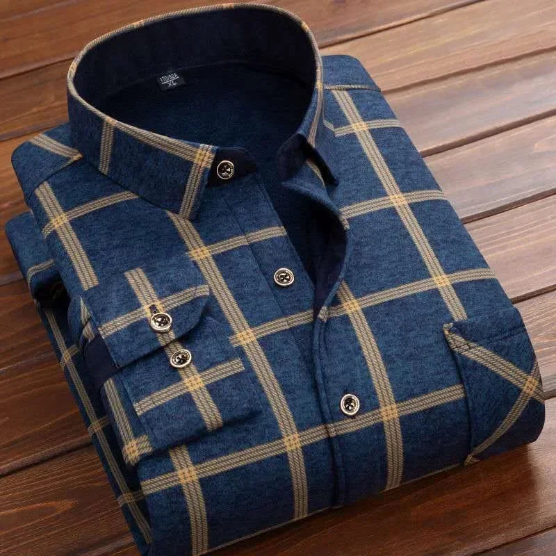 2024 Men's Autumn Winter Casual Fleece Plaid Shirt Fashion Soft Warm Turn Down Collar Long Sleeve Shirt Male High-Quality Tops