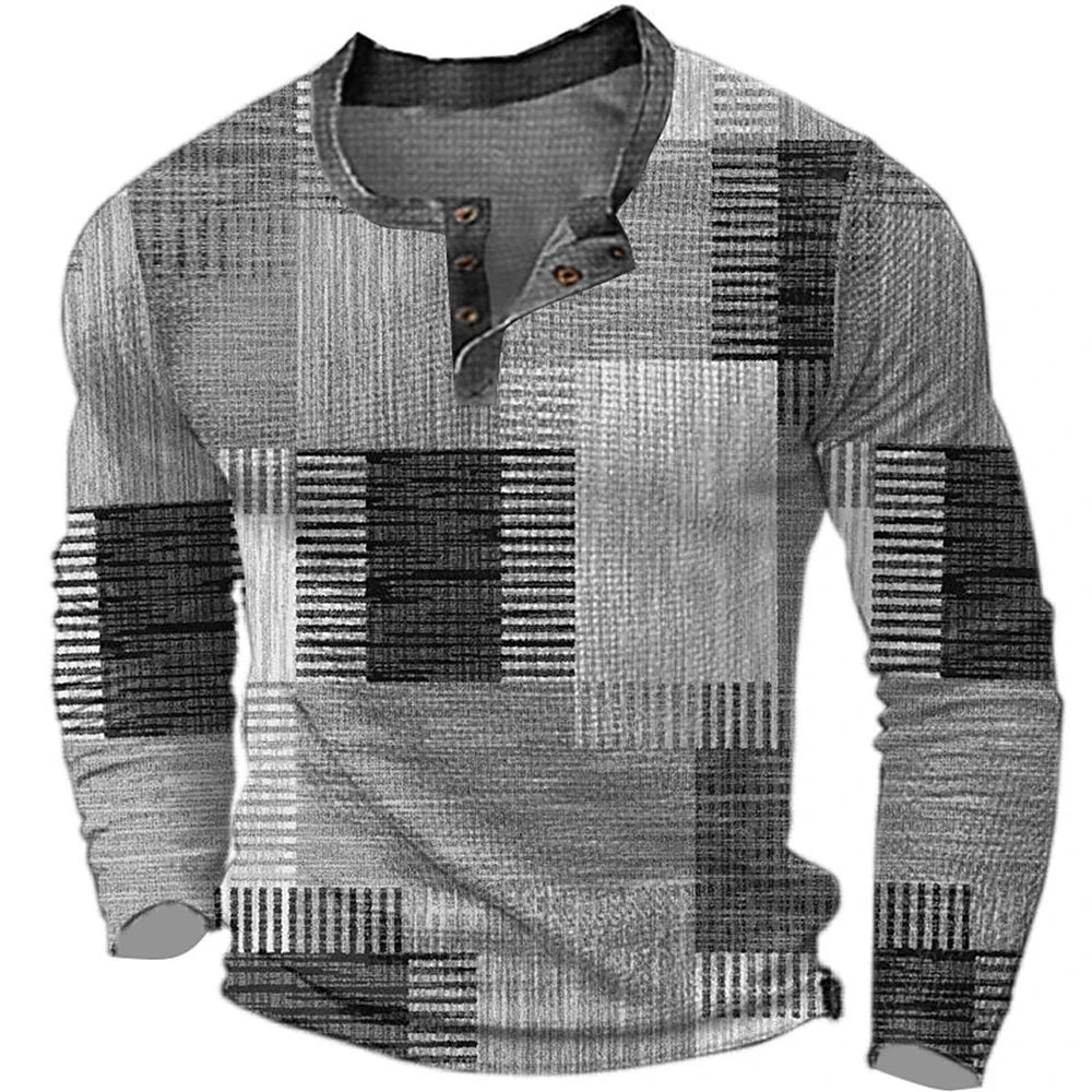 Men's Cotton T Shirt Color Block Graphic Tshirt Print Henley Shirt Oversized Apparel Outdoor Casual Long Sleeve Button Clothing