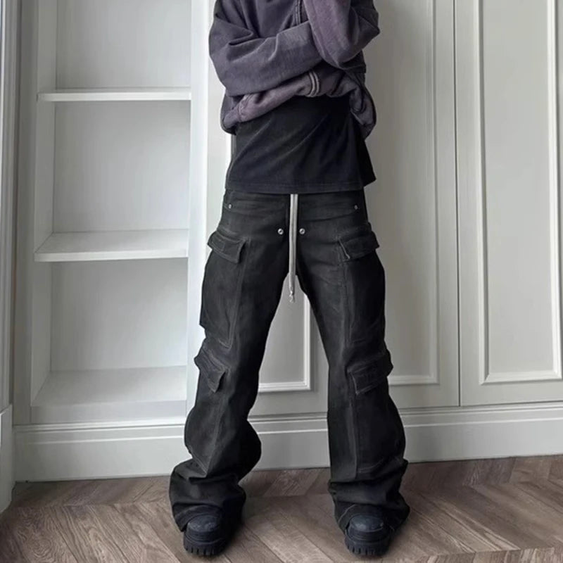 RO Style Ribbons Wide Leg Multi-Pockets Smoke Grey Baggy Jeans for Men Straight Pantalones Hombre Drawstring Denim Trousers