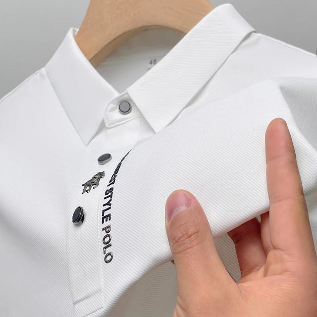 Ice Silk Embroidered Polo Shirt 2023 New Autumn/summer Polo Neck Elastic T-shirt Korean Fashion Short Sleeve Casual Men's Clothi