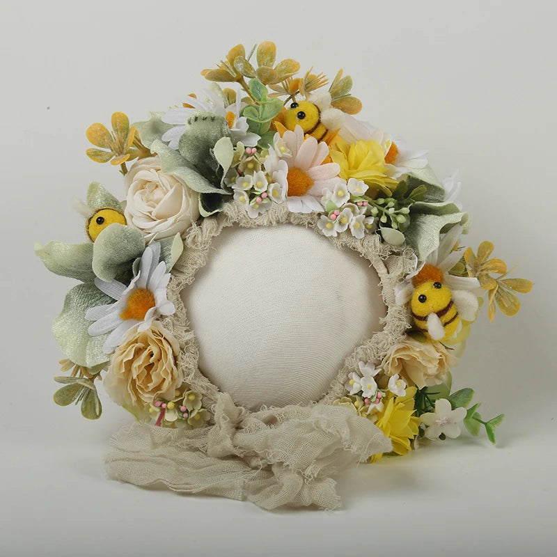 Vintage Newborn Floral Bonnet Baby girl Hat For Photography Knitted Newborn Garden Flower Bonnet For Photo Shoot Props