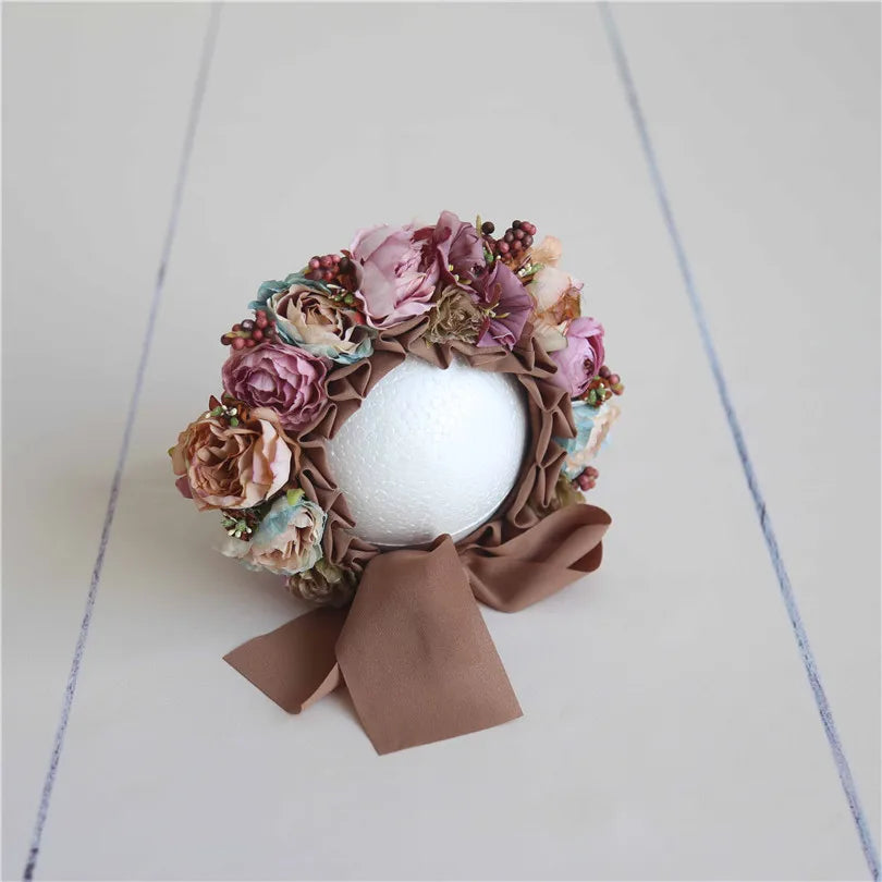 Vintage Newborn Floral Bonnet Baby girl Hat For Photography Knitted Newborn Garden Flower Bonnet For Photo Shoot Props