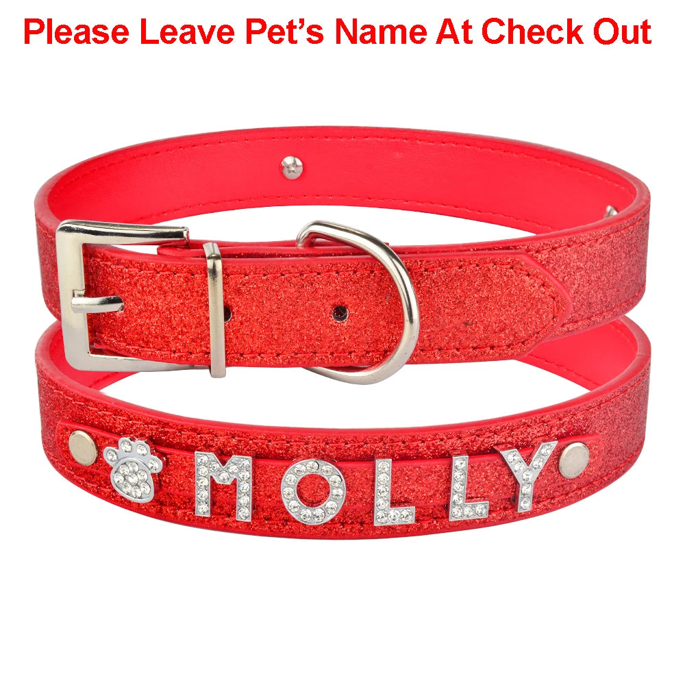 Personalized Dog Collar Leather Rhinestone Bling Charms Custom Pet Dogs Cat Name