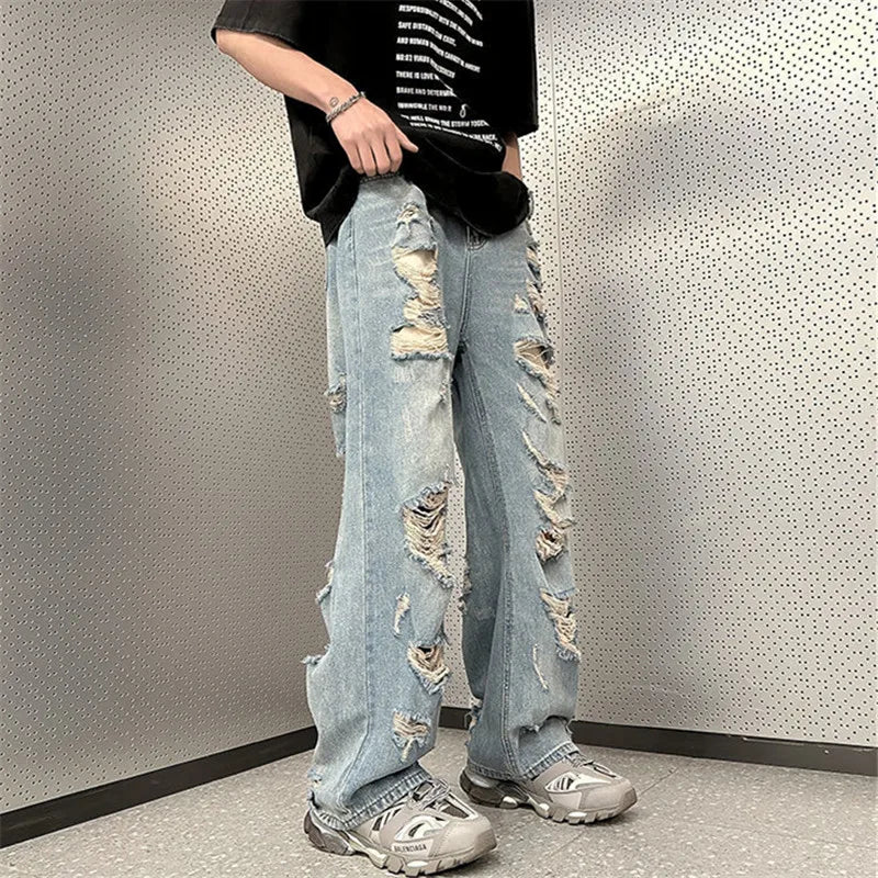 High Street Ripped Jeans Men's Clothing Solid Color Y2K Wide Leg Pants Spring Summer Button Pocket Loose Trousers A048
