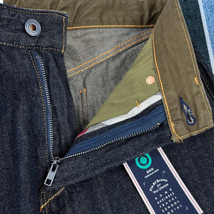 14 oz High Quality Red Selvedge Denim Jeans for Men Heavyweight Raw 100% Cotton Washed Hard Pants Youth Male Straight Trousers