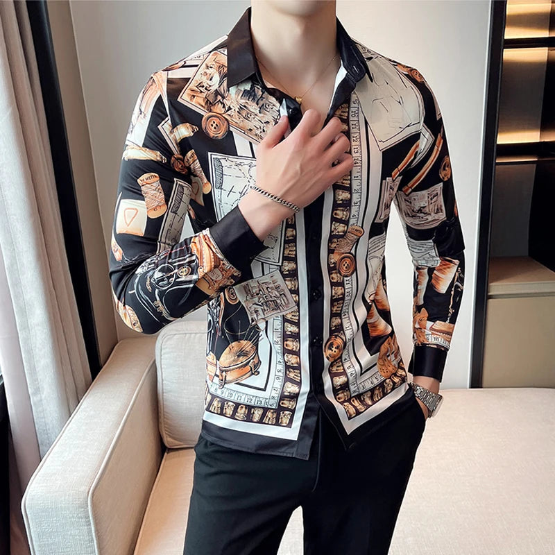 Luxury Long Sleeve Mens Baroque Shirts Dress Autumn Party Prom Wear Slim Fit Male Brand Clothing Striped Print Casual Shirt Men