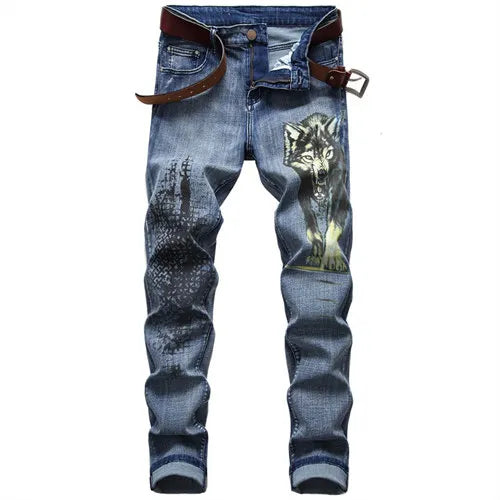 Plus Size Men's Jeans 3D Digital Print Stretch Denim Pants Blue Black White Trousers Men Fashion Slacks 28-34 36 38 40 42