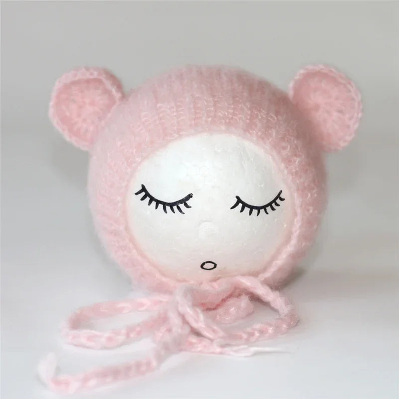 Newborn Mohair Ear Bear Hat Bonnet Baby Infant Photography Props Cap Gorro Bebe Handmade Knitted Hats Photo Accessories