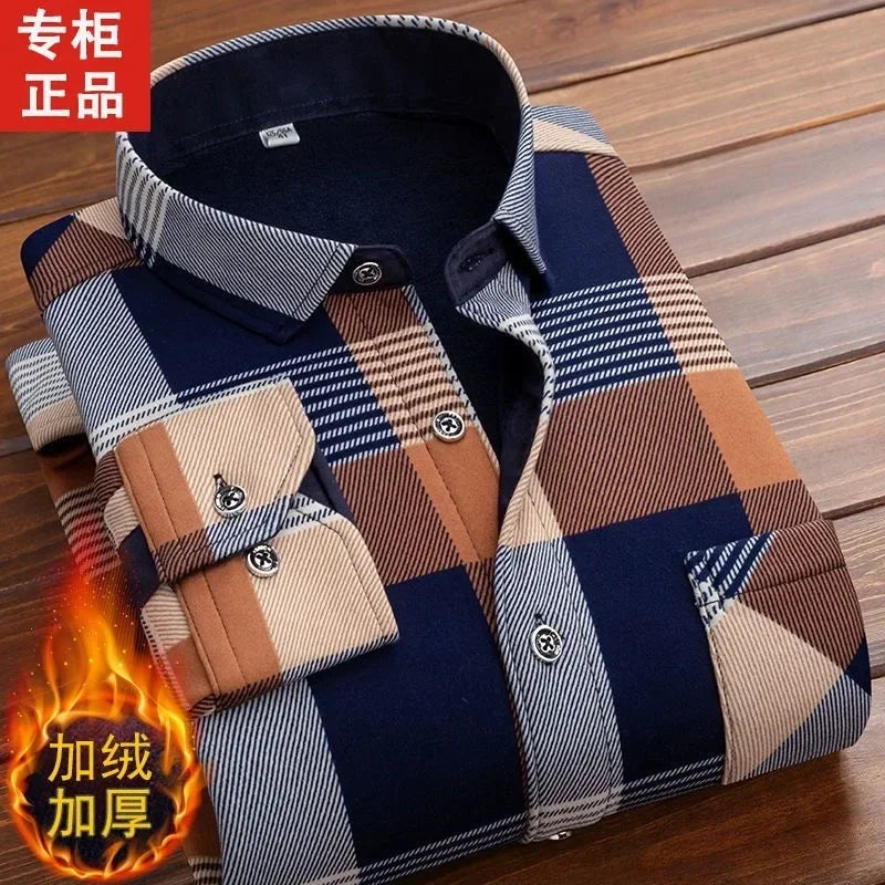 2024 Men's Autumn Winter Casual Fleece Plaid Shirt Fashion Soft Warm Turn Down Collar Long Sleeve Shirt Male High-Quality Tops