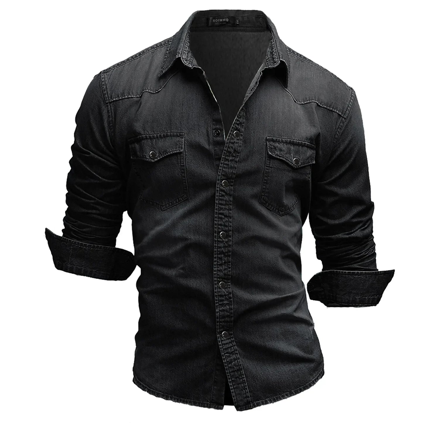 Elastic Cotton Denim Shirt Men Long Sleeve Cowboy Shirts Solid Color Pocket Shirts For Men Casual Slim Fit Jeans Shirts Chemise