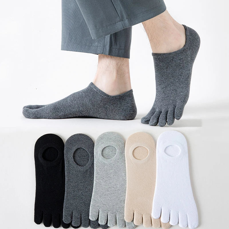 5 Pairs/lot Summer Men's Split Toe Boat Socks Black Gray Solid 100% Cotton Breathable Five Finger Socks Casual Sports socks