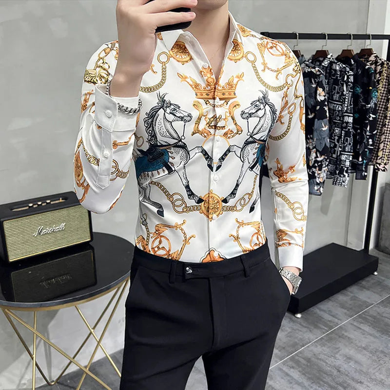 Luxury Long Sleeve Mens Baroque Shirts Dress Autumn Party Prom Wear Slim Fit Male Brand Clothing Striped Print Casual Shirt Men