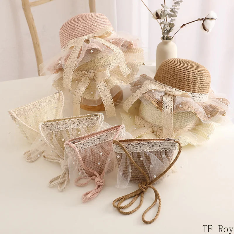 Kids Straw Hat Summer Fashion Lace Pearl Baby Girl Hat Bag Baby Travel Sun Protection Beach Hats Panama for 2-8 Years Kids