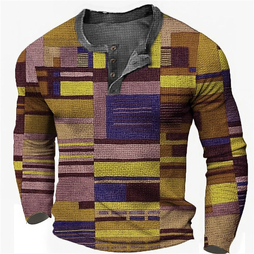 Men's Cotton T Shirt Color Block Graphic Tshirt Print Henley Shirt Oversized Apparel Outdoor Casual Long Sleeve Button Clothing