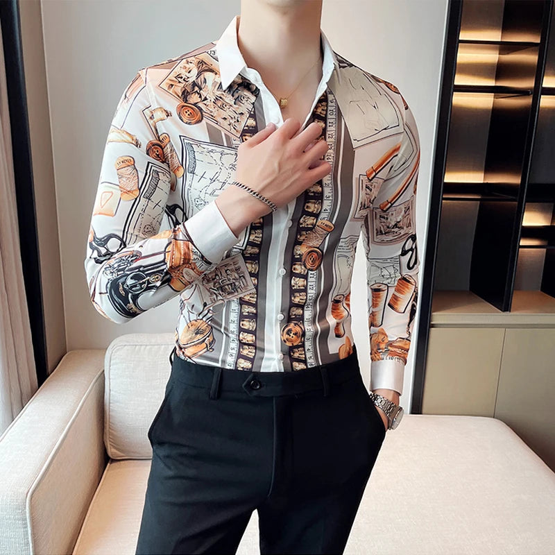 Luxury Long Sleeve Mens Baroque Shirts Dress Autumn Party Prom Wear Slim Fit Male Brand Clothing Striped Print Casual Shirt Men