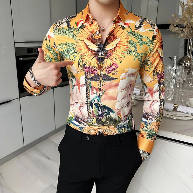 Luxury Long Sleeve Mens Baroque Shirts Dress Autumn Party Prom Wear Slim Fit Male Brand Clothing Striped Print Casual Shirt Men