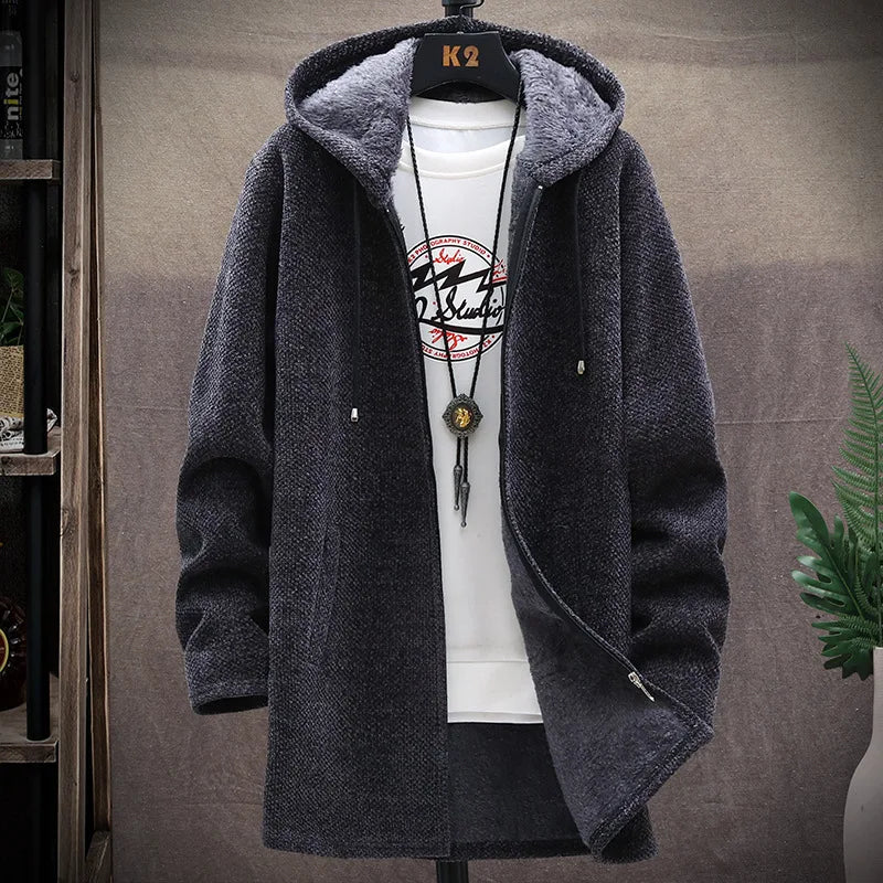 Winter Men Sweater Fleece Cardigan Jacket Men's Slim Sweaters Winter Long Hooded Sweater Thick Warm Coat Mens Clothing 2022