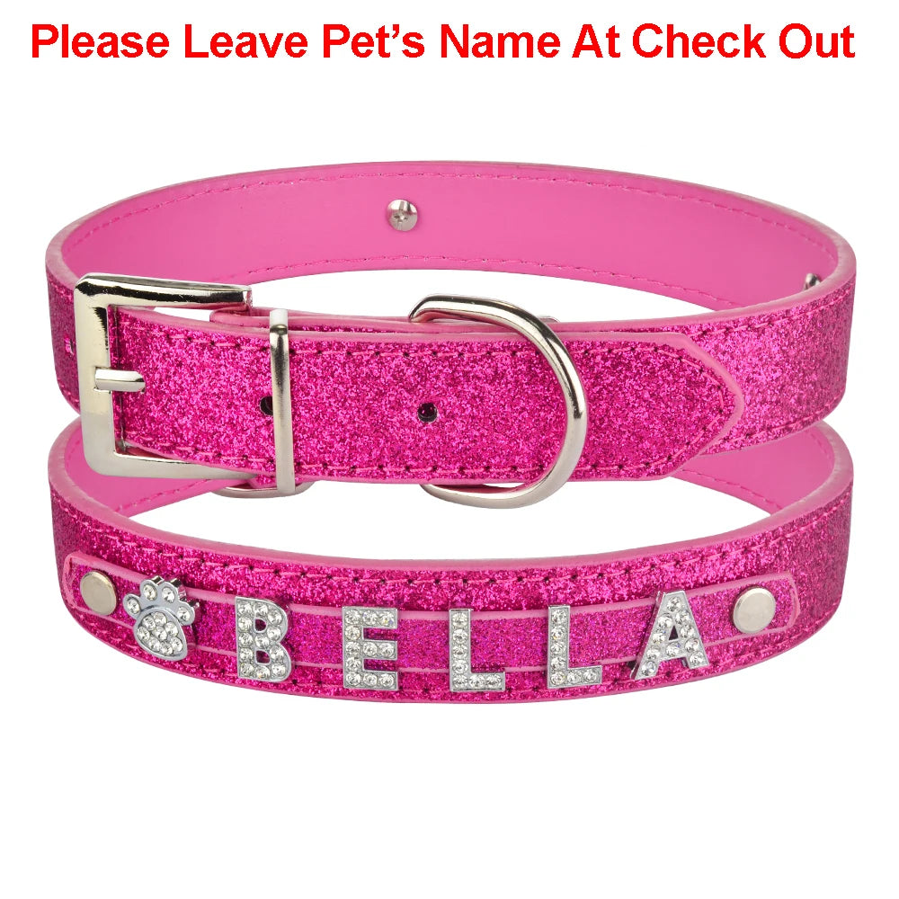 Personalized Dog Collar Leather Rhinestone Bling Charms Custom Pet Dogs Cat Name