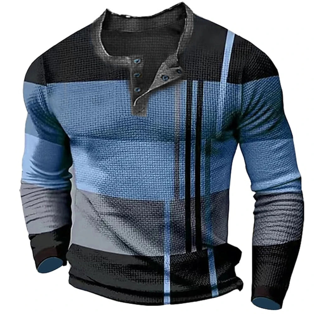 Men's Cotton T Shirt Color Block Graphic Tshirt Print Henley Shirt Oversized Apparel Outdoor Casual Long Sleeve Button Clothing