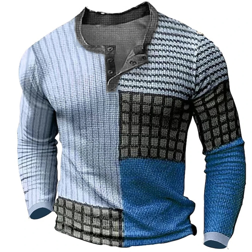 Men's Cotton T Shirt Color Block Graphic Tshirt Print Henley Shirt Oversized Apparel Outdoor Casual Long Sleeve Button Clothing