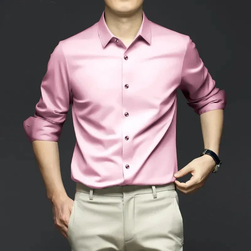 S-6XLHigh Quality Stretch Anti-Wrinkle Men Shirts Long Sleeve Dress Shirts For MaleSlim Social Business Blouse Solid Color Shirt