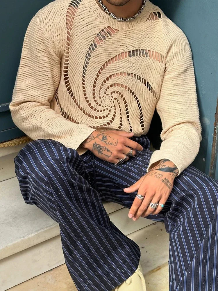 Fashion Vortex Pattern Hollow Out Knitted Sweater Men Trendy Brand O-neck Pullover Spring Autumn High Street Casual Knitwear