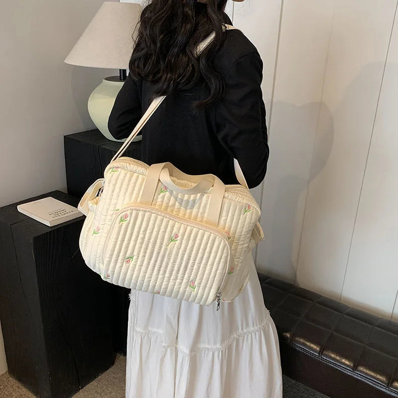 Cute Bear Flower Embroidery Pattern Baby Beige Cotton Fabric Zipper Diaper Handbag New Luggage Bag