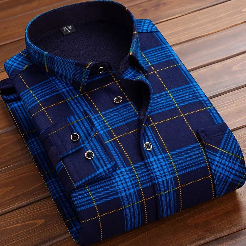 2024 Men's Autumn Winter Casual Fleece Plaid Shirt Fashion Soft Warm Turn Down Collar Long Sleeve Shirt Male High-Quality Tops