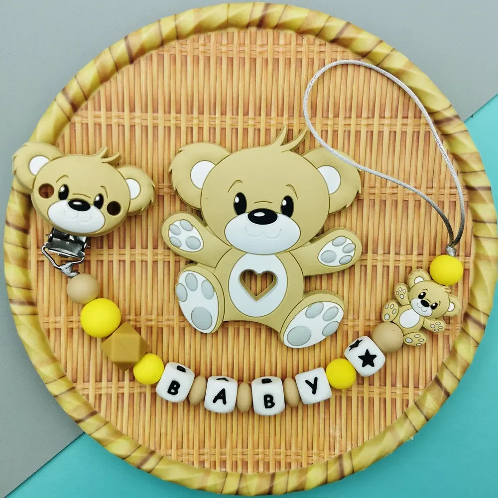 Custom English Russian Silicone Letter Name Baby Bear Silicone Beads Pendant Pacifier Clips Chains Teether Baby Kawaii Toy Gifts