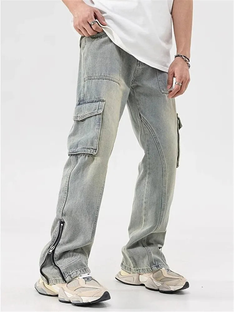 Mud Yellow Jeans for Men Y2K Solid Color Overalls with Buttons Multi-pocket Zipper To Make Old Pants Loose A148