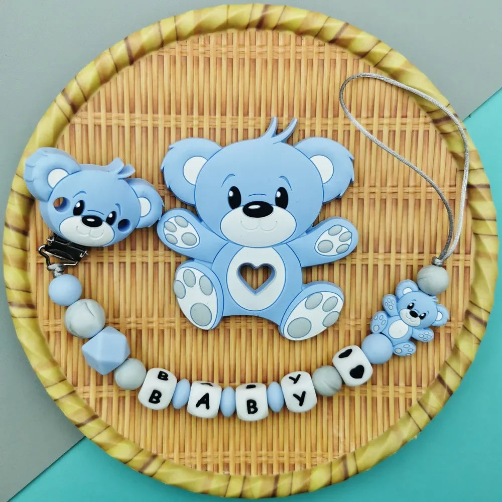 Custom English Russian Silicone Letter Name Baby Bear Silicone Beads Pendant Pacifier Clips Chains Teether Baby Kawaii Toy Gifts