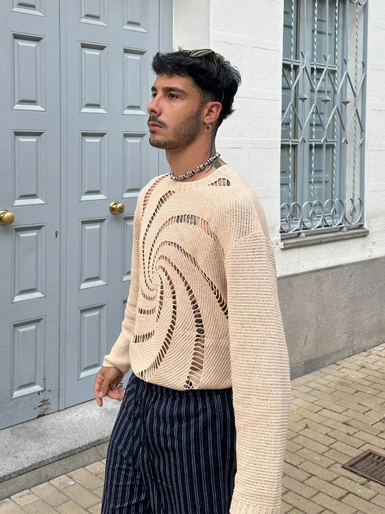 Fashion Vortex Pattern Hollow Out Knitted Sweater Men Trendy Brand O-neck Pullover Spring Autumn High Street Casual Knitwear
