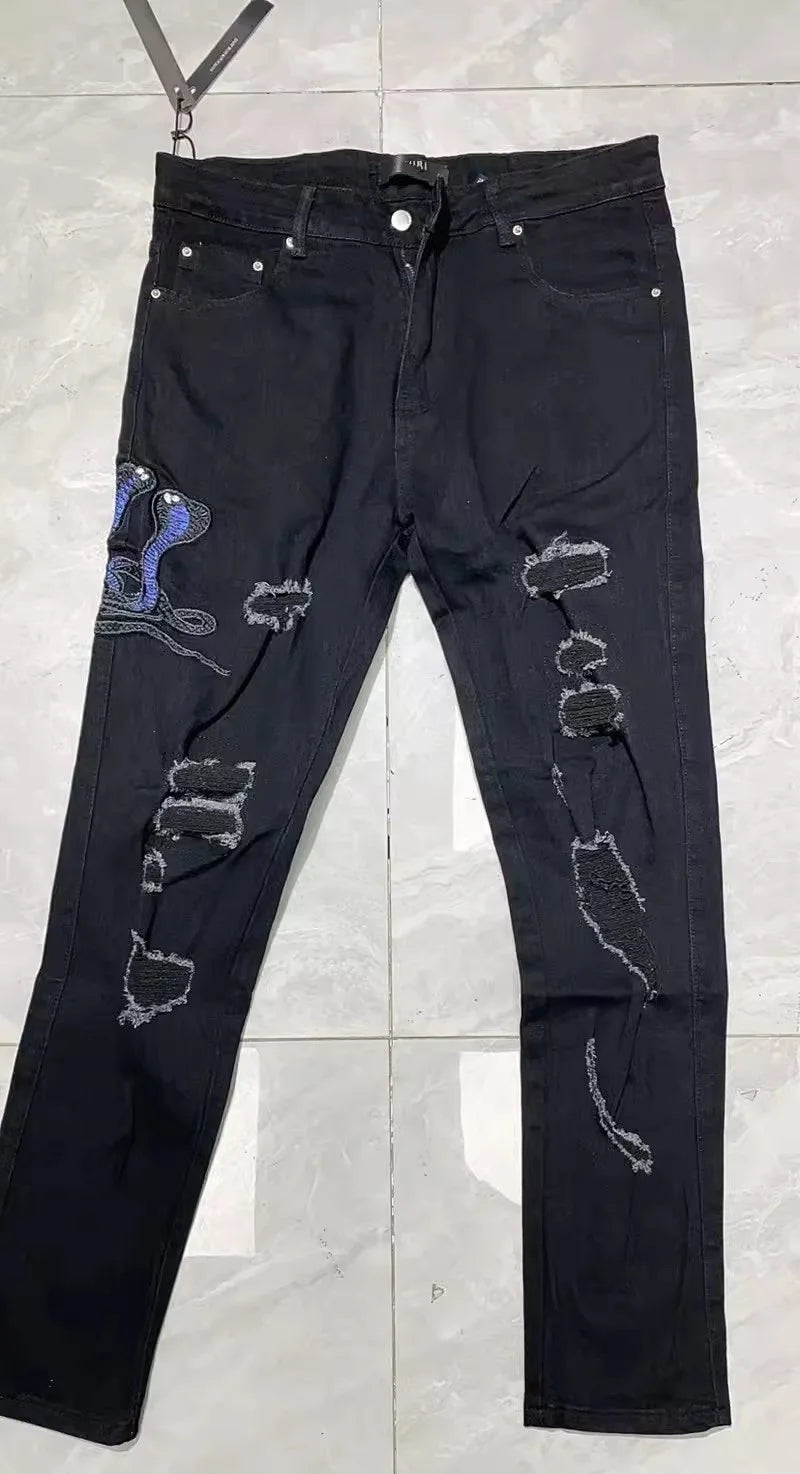 High Street Stretch Embroidery Men’s Jeans Ripped Streetwear Jeans Punk Style Pants for Man Slim Fashion Small Feet Men's Jeans