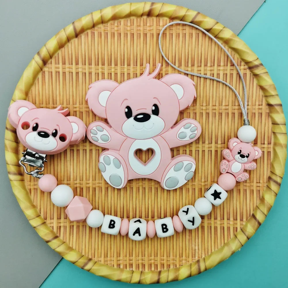 Custom English Russian Silicone Letter Name Baby Bear Silicone Beads Pendant Pacifier Clips Chains Teether Baby Kawaii Toy Gifts