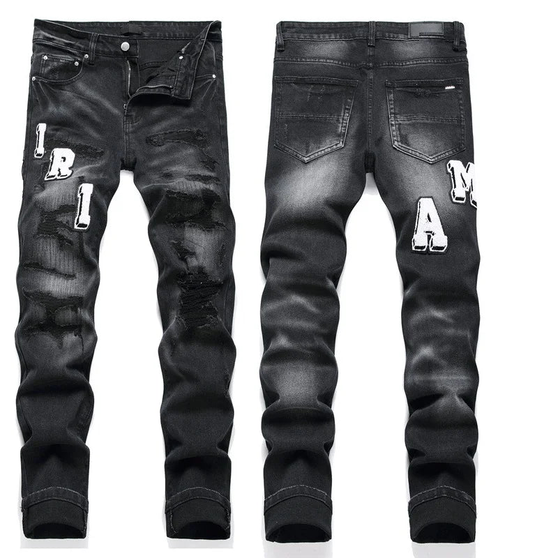 High Street Stretch Embroidery Men’s Jeans Ripped Streetwear Jeans Punk Style Pants for Man Slim Fashion Small Feet Men's Jeans