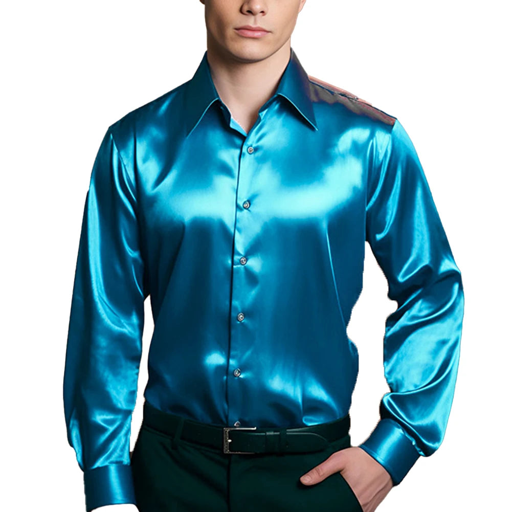 Men's Casual Satin Silk Shirts Single Breasted Button Lapel Collar Dress Shirt Slim Fit Fashion Party Long Sleeve Tops Clothing