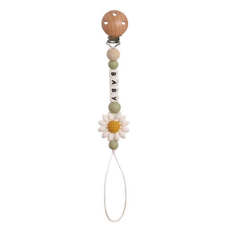1pc Personalized Name Baby Pacifier Clips Chain Sunflower Wood Pacifier Clips Safe Teething Chain Soother Chew Toy Dummy Clips