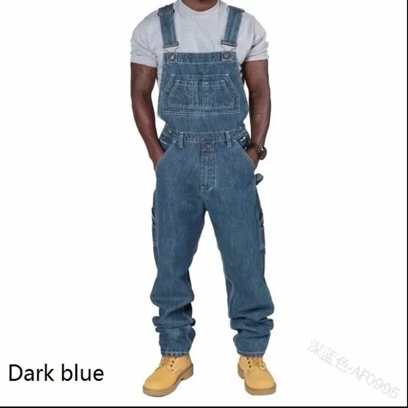 2024 Men Autumn Winter Men's Cowboy Siamese Stylish Multi-Pocket Loose Solid Color Casual Jeans Cargo Safari Overall Jumpsuits