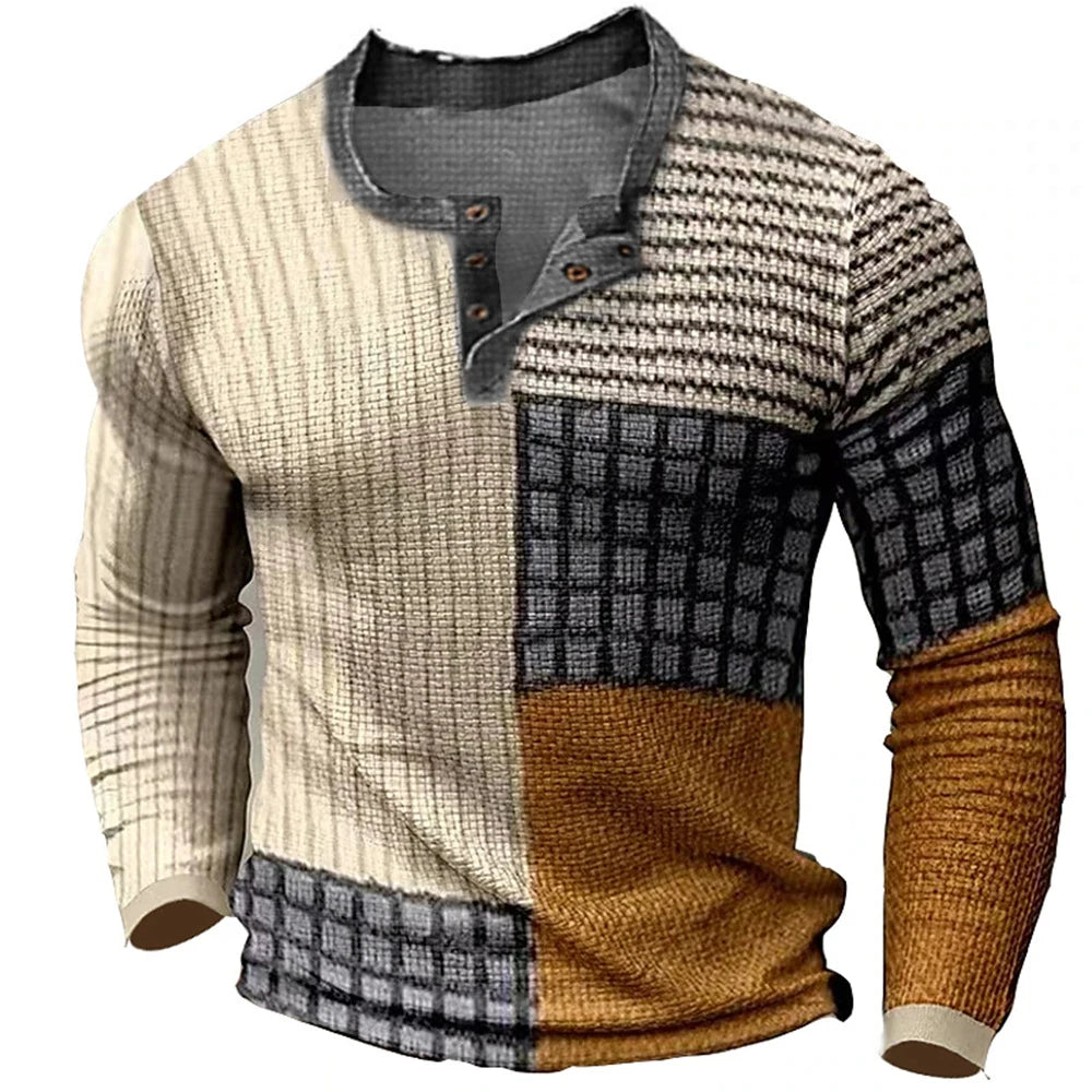 Men's Cotton T Shirt Color Block Graphic Tshirt Print Henley Shirt Oversized Apparel Outdoor Casual Long Sleeve Button Clothing