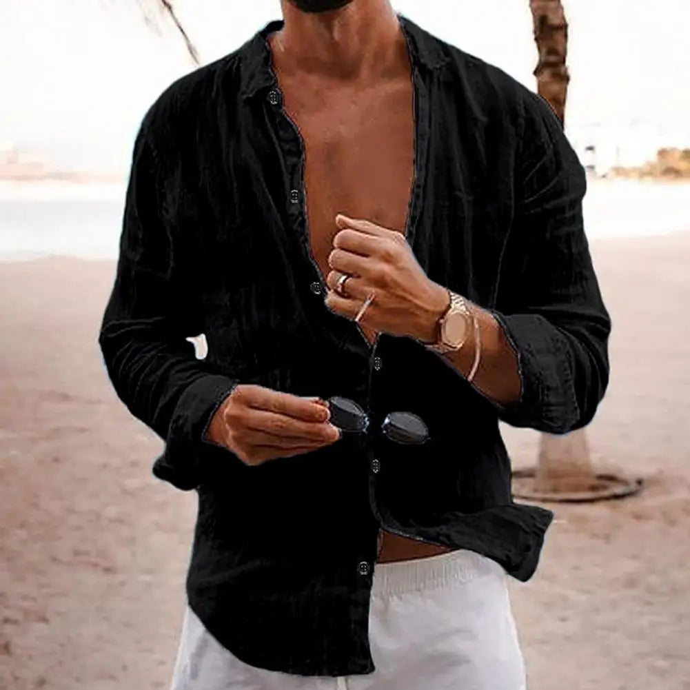 Cotton Linen Men Lapel Long Sleeve Shirt Tops Pleated Thin Solid Color Single Breasted V-neck Casual Shirt Tops Breathable Shirt
