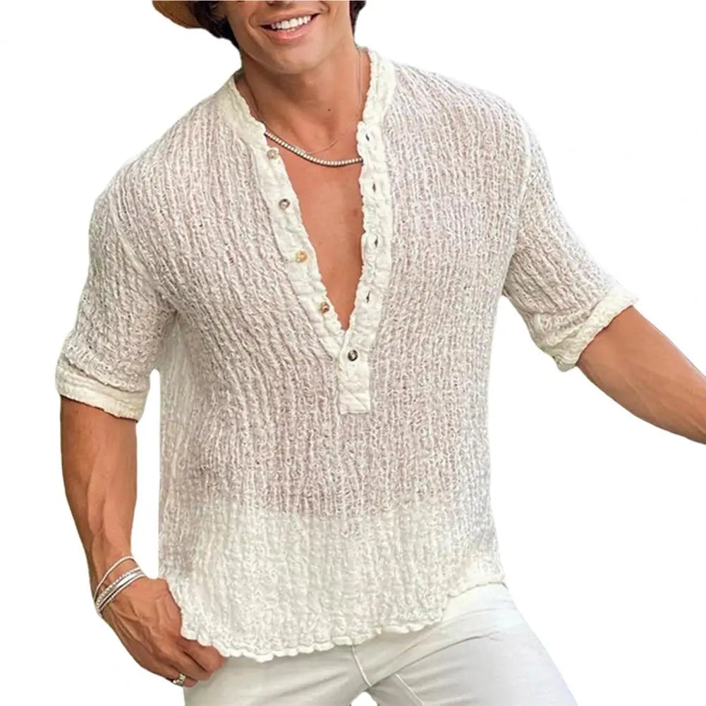Vintage Solid Color Cotton Linen Men's Tops Spring Summer Casual Loose Half Sleeve Button V Neck Soft Shirts Leisure Mens Shirt
