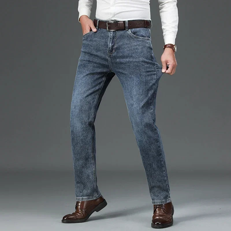 2023 Spring Autumn New Quality Clothes Men's High Waist Fit Straight Jeans Classic Vintage Business Casual Cotton Trousers Pants