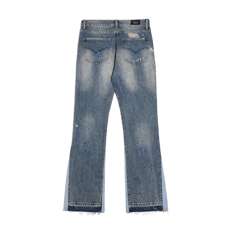 High Street Retro Ink Splash Patchwork Ripped Jeans Flare Pants Men and Women Straight Casual Oversized Loose Denim Trousers