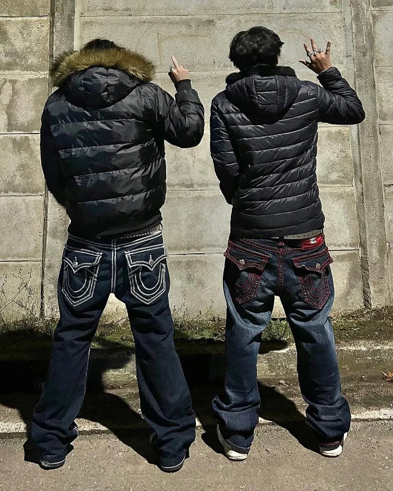 Y2K New Fashion Embroidered Solid Color Jeans Men Street Harajuku Hip Hop Gothic Casual Jeans Couple High Waist Wide Leg Pants
